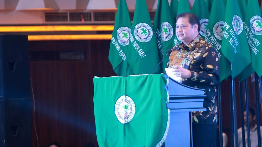 Sambutan Menko Perekonomian Airlangga Hartarto dalam acara pertemuan Nasional Petani Kelapa Sawit, di Hotel Grand Paragon, Jakarta, Kamis, (7/12/2023). (CNBC Indonesia/Muhammad Sabki)