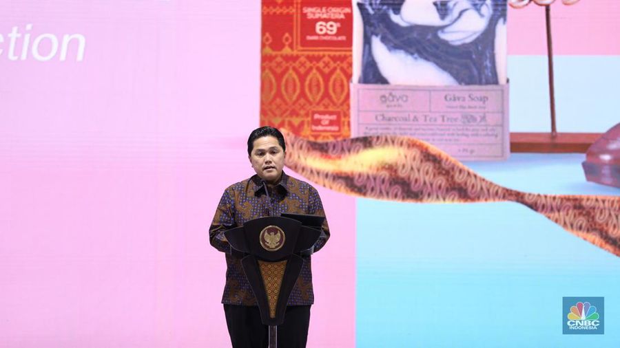 Sambutan Menteri BUMN Erick Thohir dalam pembukaan UMKM Expo (RT) BRILIANPRENEUR 2023 di Jakarta Convention Center (JCC), Jakarta, Kamis (7/12/2023). (CNBC Indonesia/Tri Susilo)