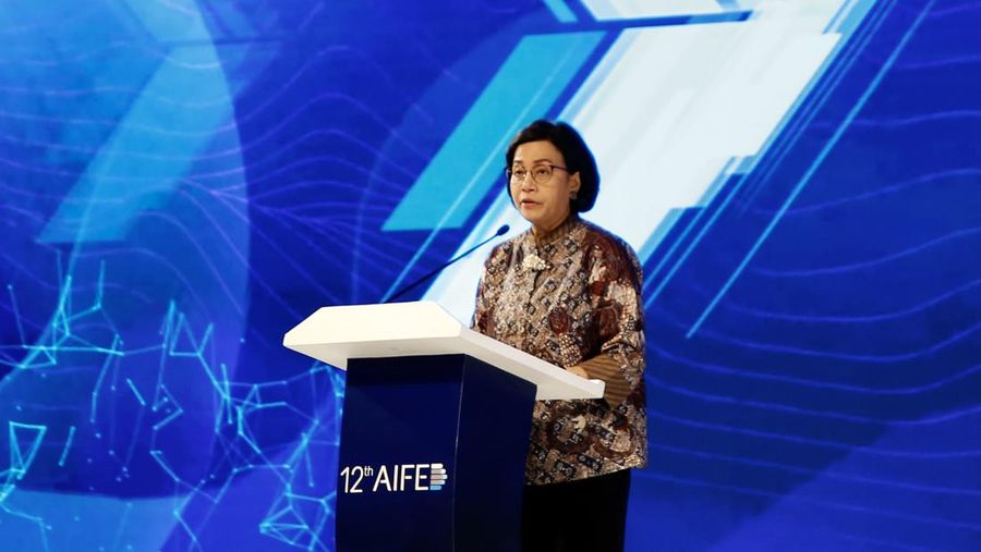 Menteri Keuangan, Sri Mulyani memberikan sambutan saat pembukaan seminar internasional Annual International Forum on Economic Development and Public Policy (AIFED) yang ke-12 di Nusa Dua, Bali, 6-7 Desember 2023. (Dok. Kemekeu)