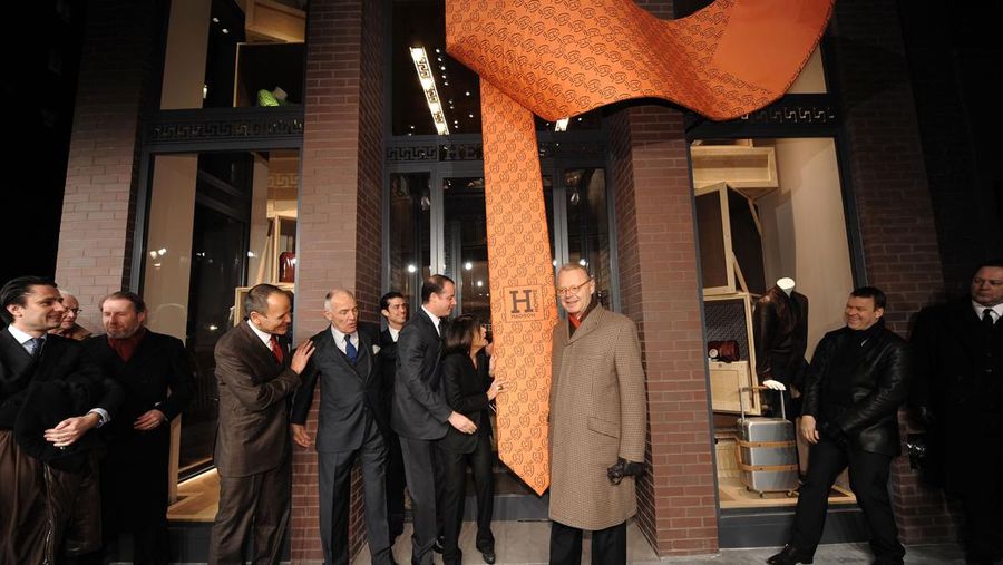 NEW YORK - FEBRUARY 09:  (L-R) CEO of Hermes US Robert Chavez, Bertrand Puech, Director of Hermes Men's Boutique Federico Sandino, Artistic Director of Hermes Pierre Alexis Dumas, Artistic Director of Hermes Men's Veronique Nichanian and CEO of Hermes International Patrick Thomas attend the opening of the first Hermes Men's Store on Madison Avenue on February 9, 2010 in New York City.  (Photo by Dimitrios Kambouris/Getty Images for Hermes)