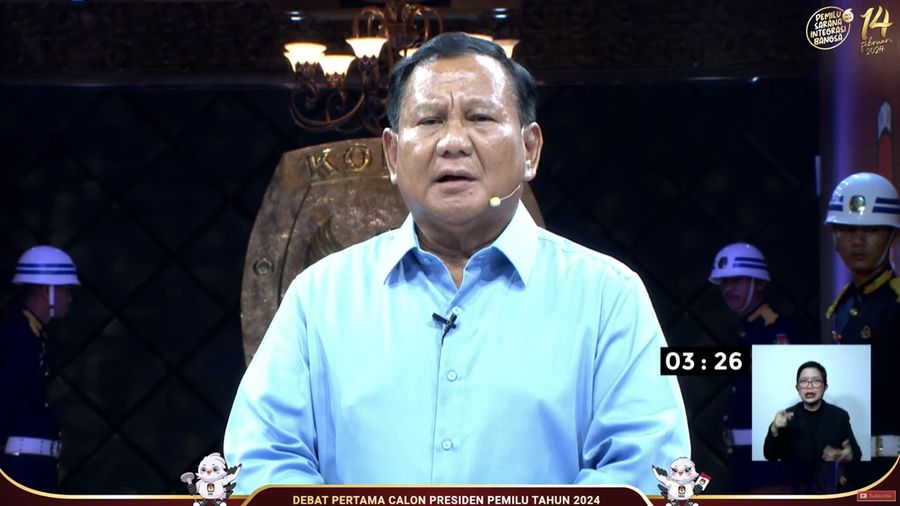 Calon Presiden (Capres), Prabowo Subianto saat menyampaikan visi dan misi dalam Debat Pertama Capres 2024 di Kantor KPU RI, Jakarta, Selasa (12/12/2023). (Tangkapan Layar youtube KPU RI)