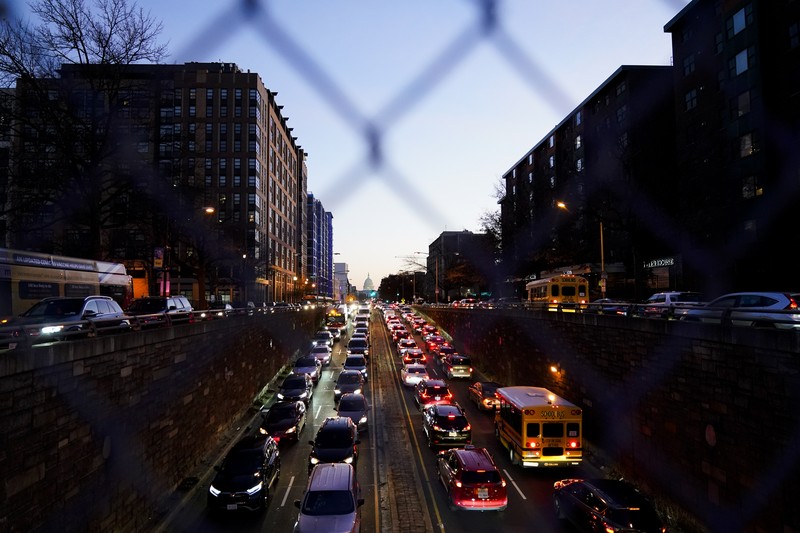 US Israel Palestinians Protestors calling for a ceasefire in the Israel-Hamas war block traffic on New York Avenue NW in Washington, Thursday, Dec. 14, 2023. (AP Photo/Stephanie Scarbrough)