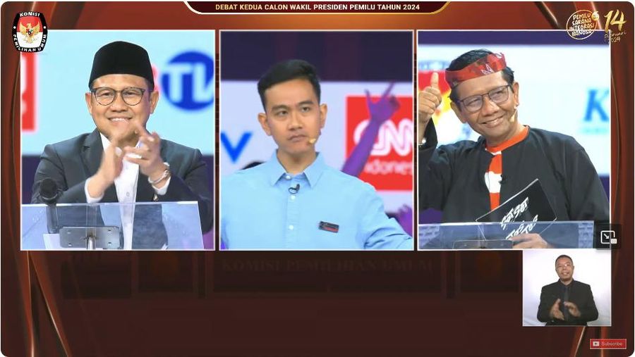 Cak Imin, Gibran dan Mahfud MD saat menyampaikan visi dan misi dalam debat kedua yang digelar di Jakarta Convention Center (JCC) pada Jumat (22/12/2023). (Tangkapan layar Youtube KPU RI)
