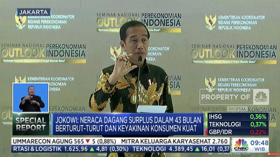 Presiden Joko Widodo menyampaikan sambutan dalam Seminar Nasional Outlook Perekonomian Indonesia 2024 dengan tema
