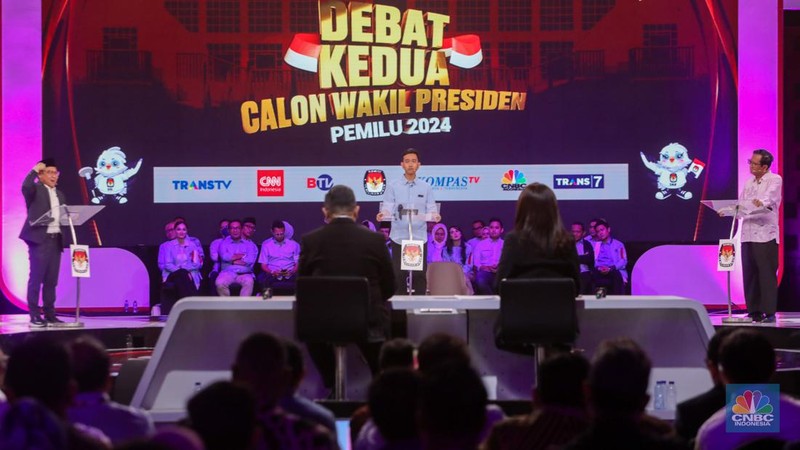 Suasana debat calon Wakil Presiden Pemilu Tahun 2024 digelar di Jakarta Convention Center (JCC) pada Jumat (22/12/2023). (CNBC Indonesia/Faisal Rahman)