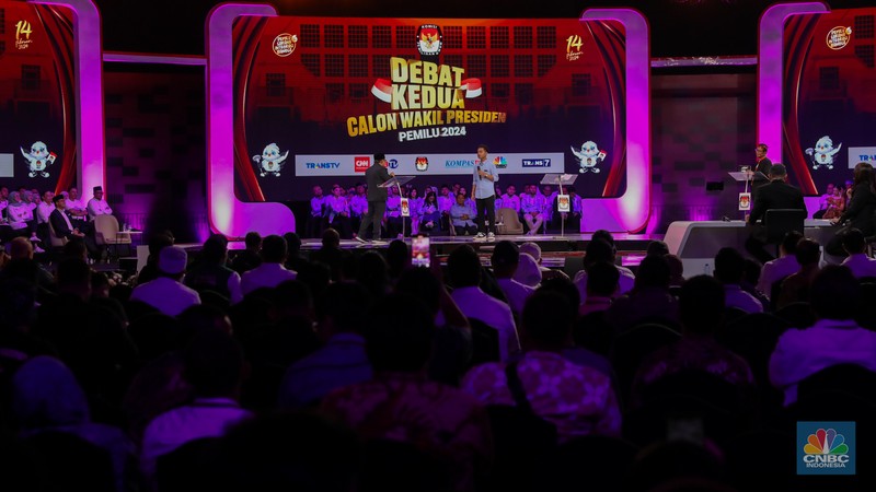 Suasana debat calon Wakil Presiden Pemilu Tahun 2024 digelar di Jakarta Convention Center (JCC) pada Jumat (22/12/2023). (CNBC Indonesia/Faisal Rahman)