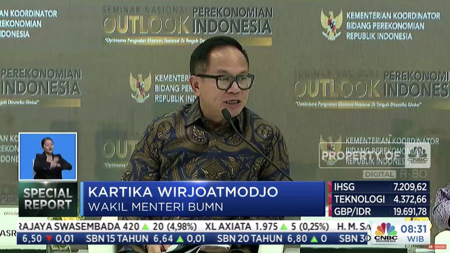 Wakil Menteri BUMN, Kartika Wirjoatmodjo dalam Seminar Nasional Outlook Perekonomian Indonesia 2024 dengan tema 