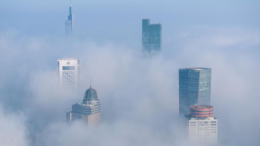 NANJING, CHINA - JANUARY 4, 2024 - Aerial photo shows skyscrapers looming in heavy fog in the main urban area of Nanjing, East China's Jiangsu province, Jan 4, 2024. (Photo credit should read CFOTO/Future Publishing via Getty Images)