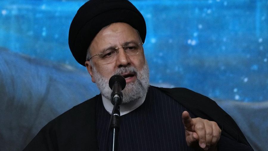 Iranian President Ebrahim Raisi speaks during a commemoration for the late Revolutionary Guard Gen. Qassem Soleimani, who was killed in a U.S. drone attack in 2020 in Iraq, at the Imam Khomeini grand mosque in Tehran, Iran, Wednesday, Jan. 3, 2024. Two bombs exploded Wednesday at a commemoration for a prominent Iranian general, Iranian officials said. (AP Photo/Vahid Salemi)