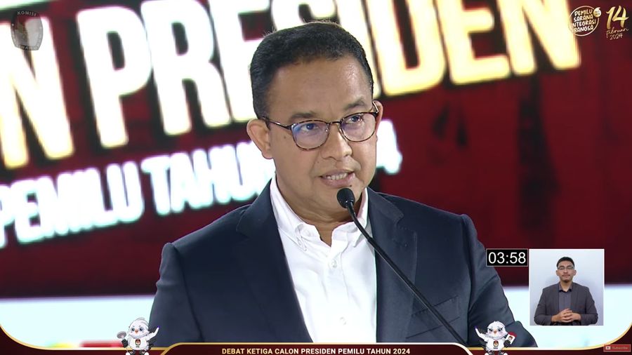 Bakal calon Presiden (Capres) Anies Baswedan nomor urut 1, saat menyampaikan visi dan misi dalam debat ketiga yang digelar di Istora Senayan, kompleks Gelora Bung Karno (GBK) pada Minggu (7/1/2024). (Tangkapan layar Youtube KPU RI)