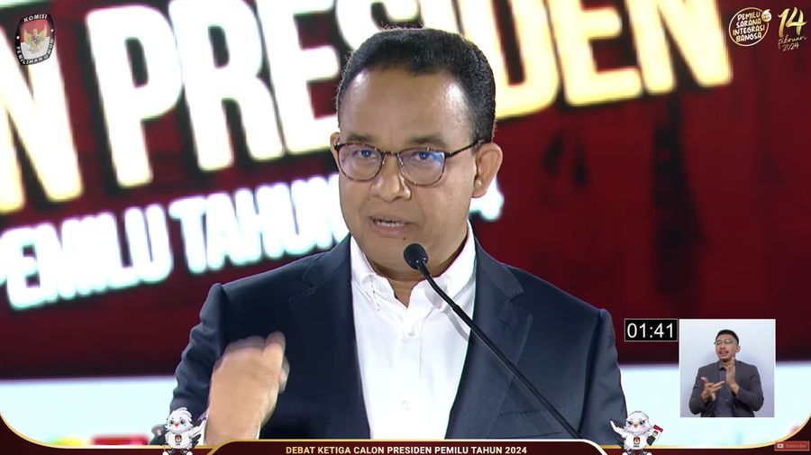 Bakal calon Presiden (Capres) Anies Baswedan nomor urut 1, saat menyampaikan visi dan misi dalam debat ketiga yang digelar di Istora Senayan, kompleks Gelora Bung Karno (GBK) pada Minggu (7/1/2024). (Tangkapan layar Youtube KPU RI)
