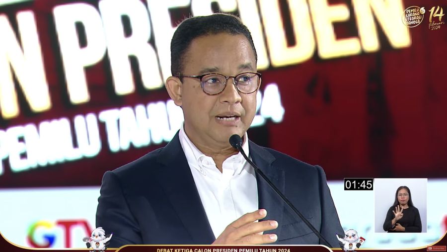 Bakal calon Presiden (Capres) Anies Baswedan nomor urut 1, saat menyampaikan visi dan misi dalam debat ketiga yang digelar di Istora Senayan, kompleks Gelora Bung Karno (GBK) pada Minggu (7/1/2024). (Tangkapan layar Youtube KPU RI)