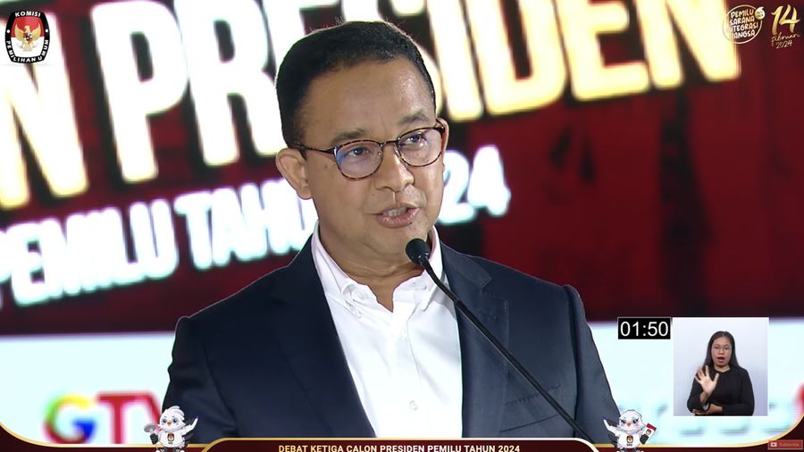 Bakal calon Presiden (Capres) Anies Baswedan nomor urut 1, saat menyampaikan visi dan misi dalam debat ketiga yang digelar di Istora Senayan, kompleks Gelora Bung Karno (GBK) pada Minggu (7/1/2024). (Tangkapan layar Youtube KPU RI)