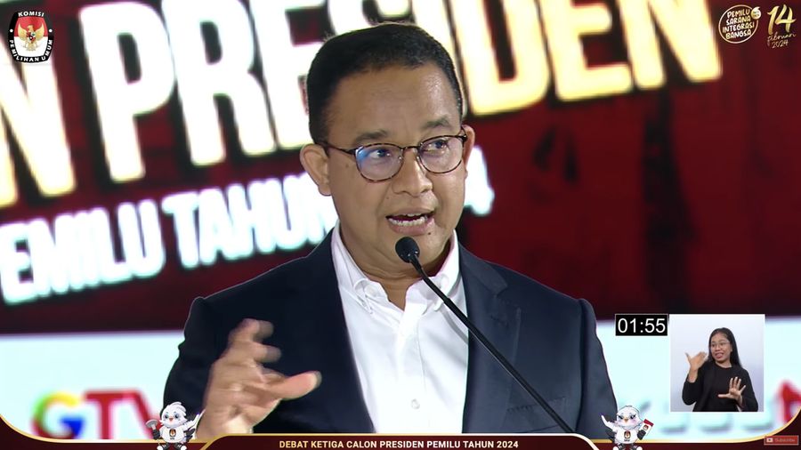 Bakal calon Presiden (Capres) Anies Baswedan nomor urut 1, saat menyampaikan visi dan misi dalam debat ketiga yang digelar di Istora Senayan, kompleks Gelora Bung Karno (GBK) pada Minggu (7/1/2024). (Tangkapan layar Youtube KPU RI)