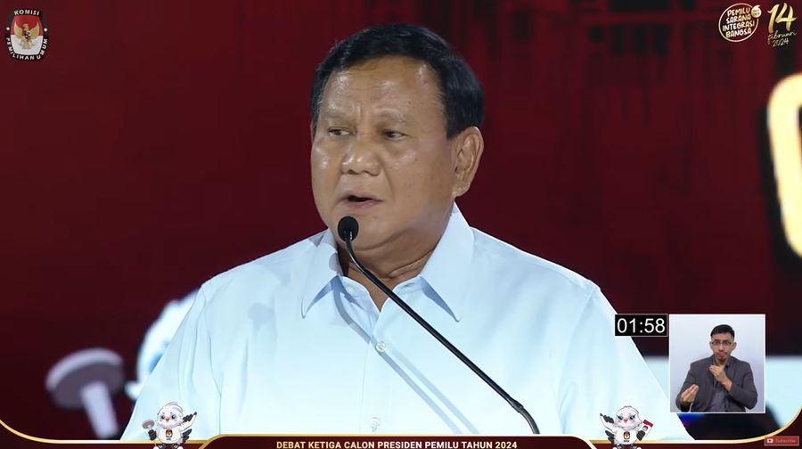 Bakal calon Presiden (Capres) Prabowo Subianto nomor urut 2, saat menyampaikan visi dan misi dalam debat ketiga yang digelar di Istora Senayan, kompleks Gelora Bung Karno (GBK) pada Minggu (7/1/2024). (Tangkapan layar Youtube KPU RI)