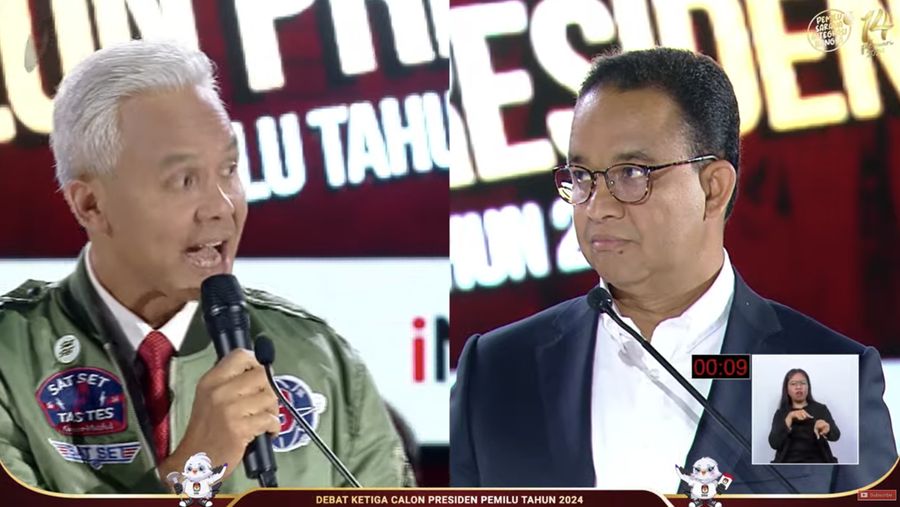 Ganjar Pranowo dan Anies Baswedan saat debat Capres di Jakarta (Tangkapan layar Youtube KPU RI)