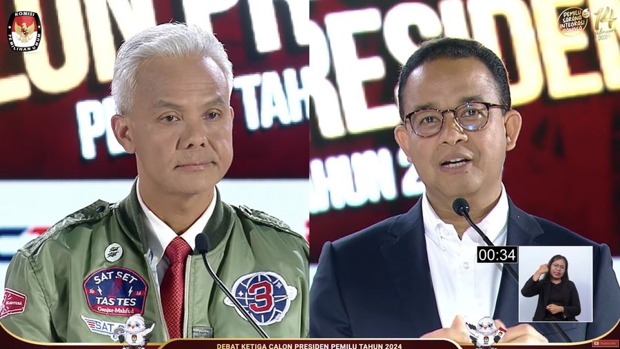 Ganjar Pranowo dan Anies Baswedan saat debat Capres di Jakarta (Tangkapan layar Youtube KPU RI)
