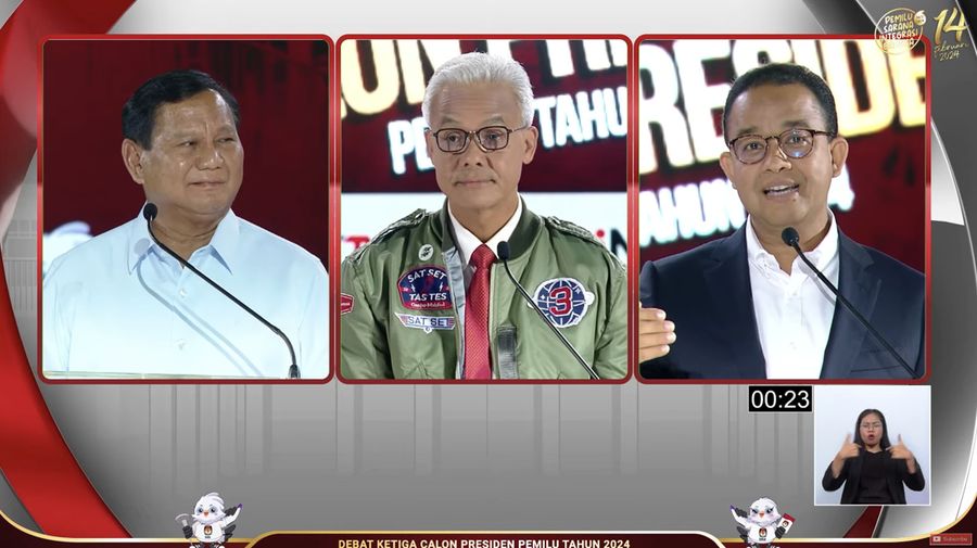 Prabowo, Ganjar dan Anies saat debat Capres di Jakarta (Tangkapan layar Youtube KPU RI)
