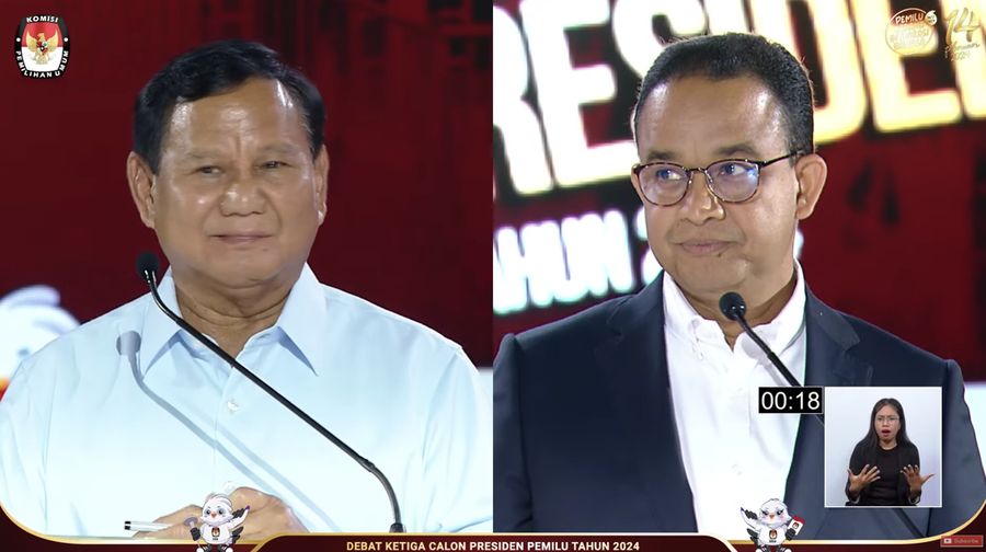 Prabowo Subianto dan Anies Baswedan dalam debat Capres di Jakarta. (Tangkapan layar Youtube KPU RI)