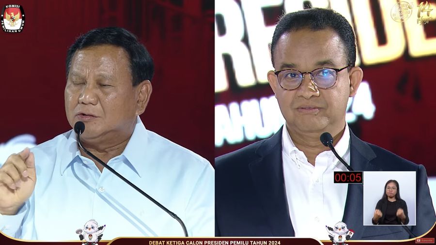 Prabowo Subianto dan Anies Baswedanm dalam debat Capres di Jakarta. (Tangkapan layar Youtube KPU RI)