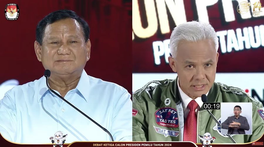 Prabowo Subianto dan Ganjar Pranowo dalam debat Capres (Tangkapan layar Youtube KPU RI)