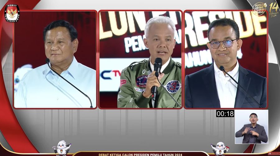 Prabowo Subianto, Ganjar Pranowo dan Anies Baswedan saat debat Capres di Jakarta. (Tangkapan Layar Youtube KPU RI)