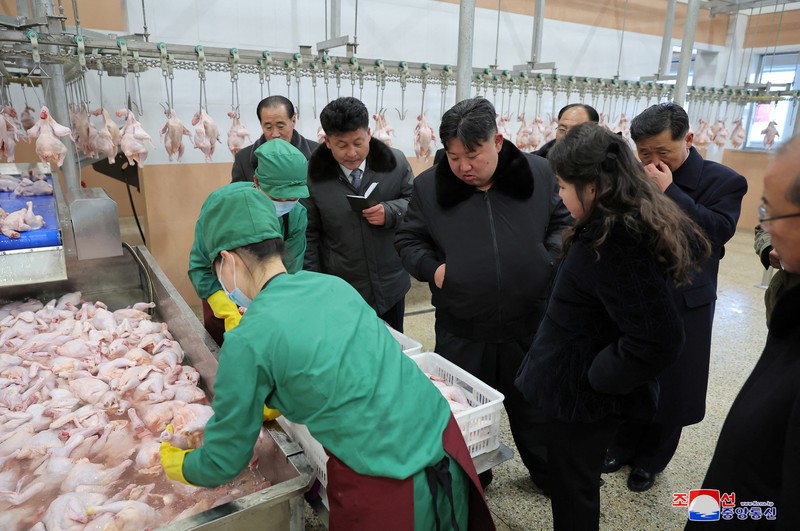 Pemimpin Korea Utara Kim Jong-un mengunjungi peternakan ayam Kwangchon dekat Pyongyang, Korea Utara, Minggu (7/1/2024). (via REUTERS/KCNA)