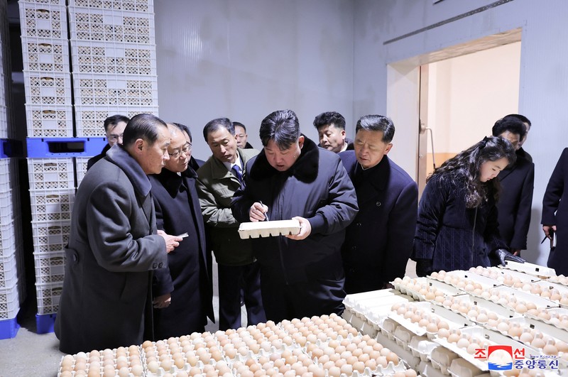 Pemimpin Korea Utara Kim Jong-un mengunjungi peternakan ayam Kwangchon dekat Pyongyang, Korea Utara, Minggu (7/1/2024). (via REUTERS/KCNA)