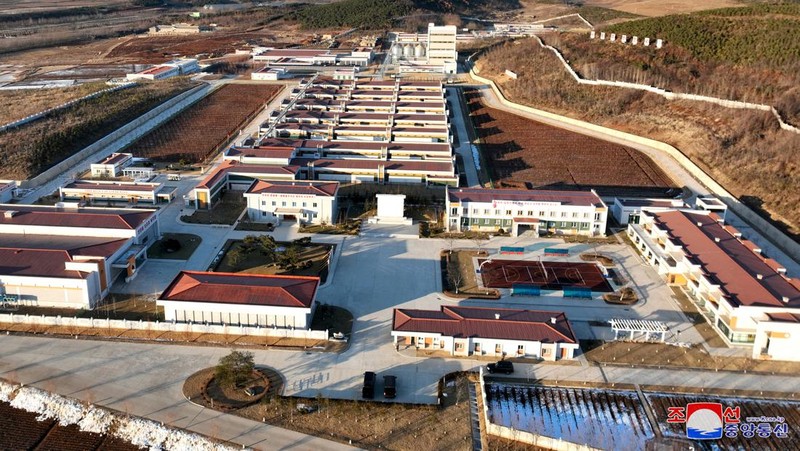 Pemimpin Korea Utara Kim Jong-un mengunjungi peternakan ayam Kwangchon dekat Pyongyang, Korea Utara, Minggu (7/1/2024). (via REUTERS/KCNA)