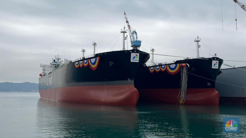 PT Pertamina International Shipping (PIS) mendatangkan dua kapal tanker baru buatan Hyundai, Korea Selatan. Tanker tersebut khusus untuk mengangkut muatan LPG dan amonia. (CNBC Indonesia/Wahyu Daniel)