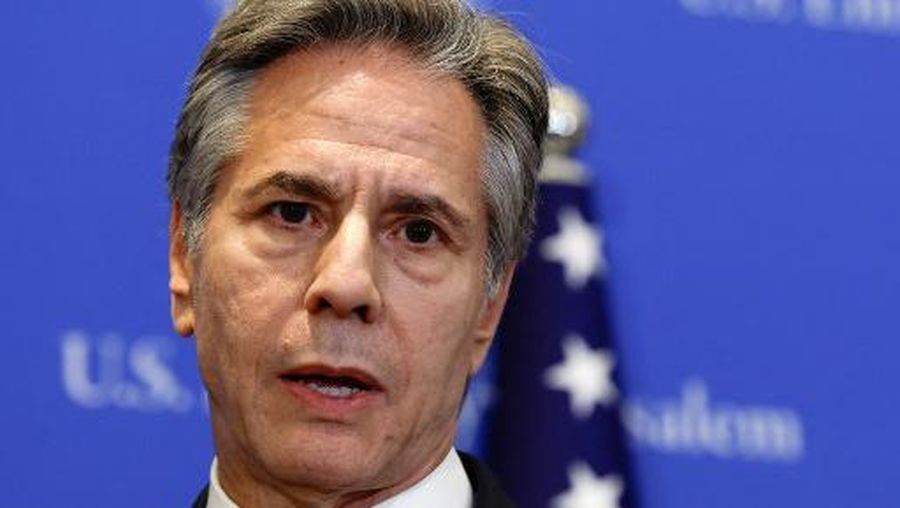 US Secretary of State Antony Blinken addresses a press conference in Tel Aviv on January 9, 2024, during his week-long trip aimed at calming tensions across the Middle East, amid continuing battles between Israel and the Palestinian militant group Hamas in Gaza. (Photo by EVELYN HOCKSTEIN / AFP)