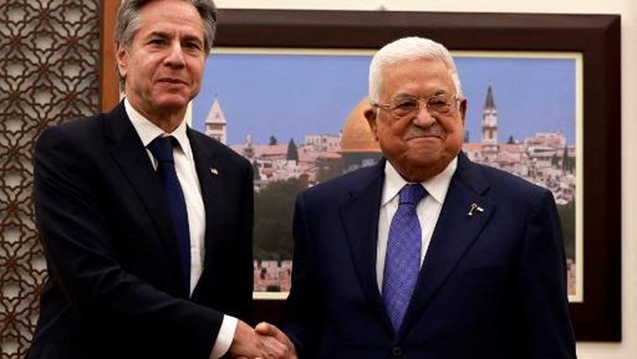 US Secretary of State Antony Blinken (L) meets with Palestinian president Mahmud Abbas, during his week-long trip aimed at calming tensions across the Middle East, in the Muqata'a, in Ramallah in the Israeli-occupied West Bank on January 10, 2024. (Photo by Jaafar ASHTIYEH / POOL / AFP)