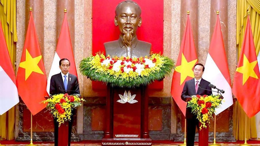 Presiden Joko Widodo (Jokowi) melakukan pertemuan bilateral dengan Presiden Vietnam Vo Van Thuong, di Istana Kepresidenan Hanoi, Vietnam, Jumat (12/1/2024). (Dok. Rusman - Biro Pers Sekretariat Presiden)