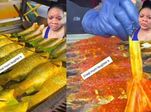 Pertama Kali Lihat Ikan Bakar Pakai Daun Pisang, Wanita Ini Takjub