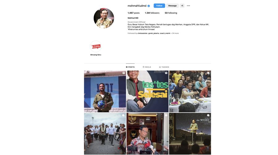 Akun Instagram Mahfud MD diretas. (Tangkapan Layar Instagram @mohmahfudmd)