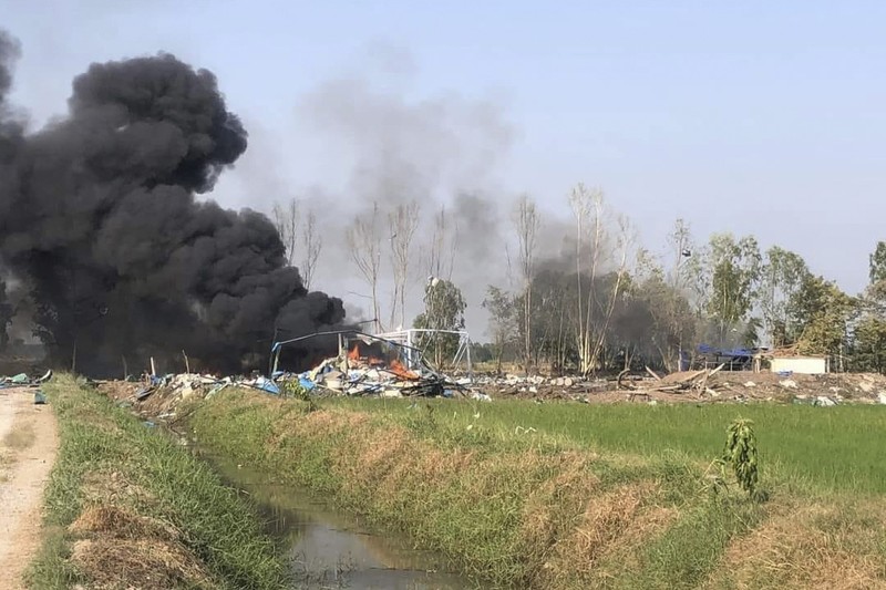 Rescuers work on a cite of an explosion at a firework factory in Suphan Buri province, Thailand, Wednesday, Jan. 17, 2024. The Thai government’s disaster relief agency says an explosion at a fireworks factory in central Thailand has killed at least 20 people. (Samerkun Suphan Buri Foundation via AP)