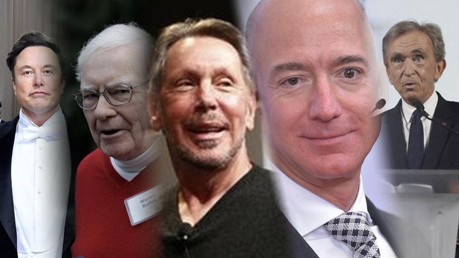 Foto kolase Elon Musk, Warren Buffet, Larry Elizon, Jeff Bezoz, dan Bernard Arnault. (CNBC Indonesia)