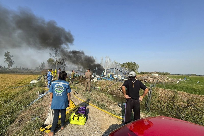 Rescuers work on a cite of an explosion at a firework factory in Suphan Buri province, Thailand, Wednesday, Jan. 17, 2024. The Thai government’s disaster relief agency says an explosion at a fireworks factory in central Thailand has killed at least 20 people. (Samerkun Suphan Buri Foundation via AP)