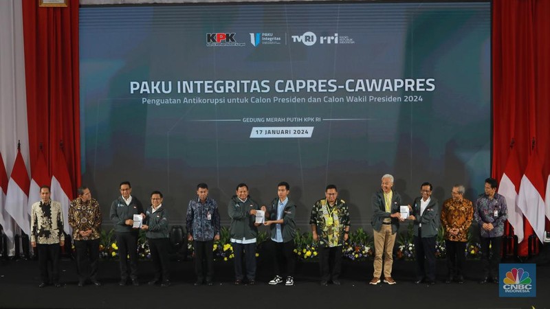 Dialog Paku Integritas capres-cawapres di KPK, Jakarta, Rabu (17/1/2024). (CNBC Indonesia/Muhammad Sabki)
