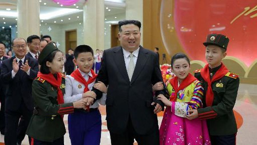 This picture taken on January 1, 2024 and released from North Korea's official Korean Central News Agency (KCNA) via KNS on January 2, 2024 shows North Korea's leader Kim Jong Un (C) taking part in a spring festival gathering of children and students at the Mangyongdae Student Youth Palace in Pyongyang. (Photo by KCNA VIA KNS / AFP) / South Korea OUT / REPUBLIC OF KOREA OUT
---EDITORS NOTE--- RESTRICTED TO EDITORIAL USE - MANDATORY CREDIT 