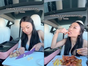 Wow! Wanita Ini Pamer Bisa Masak Seafood di Dalam Mobil Listrik