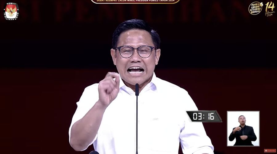 Calon wakil presiden nomor urut 1 Muhaimin Iskandar menyampaikan gagasannya saat debat calon wakil presiden Pemilu 2024 di JCC, Jakarta, Minggu, (21/1/2024). (Tangkapan Layar Youtube KPU RI)