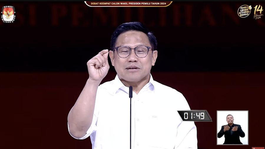 Calon wakil presiden nomor urut 1 Muhaimin Iskandar  menyampaikan gagasannya saat debat calon wakil presiden Pemilu 2024 di JCC, Jakarta, Minggu, (21/1/2023). (Tangkapan layar KPU RI)