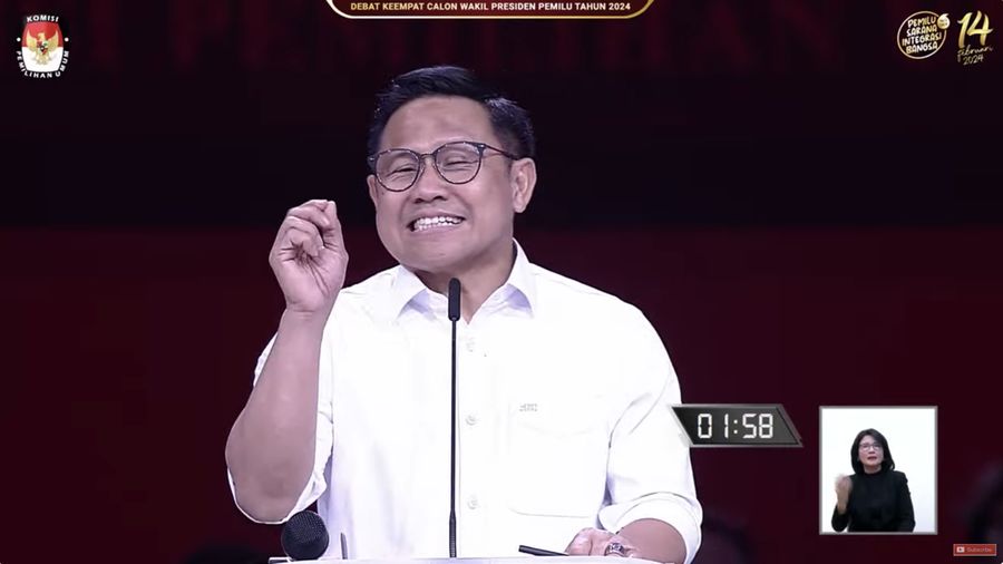 Calon wakil presiden nomor urut 1 Muhaimin Iskandar menyampaikan gagasannya saat debat calon wakil presiden Pemilu 2024 di JCC, Jakarta, Minggu, (21/1/2024).  (Tangkapan Layar Youtube KPU RI)