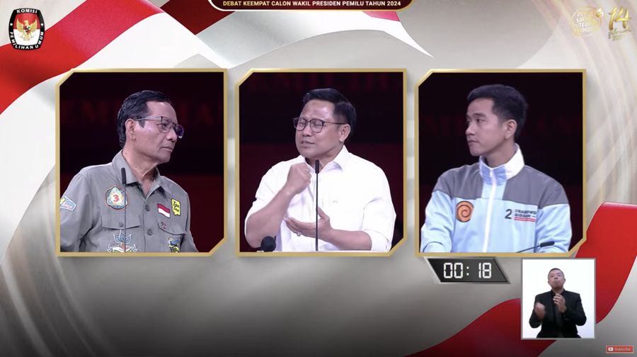 Calon wakil presiden nomor urut 1 Muhaimin Iskandar menyampaikan gagasannya saat debat calon wakil presiden Pemilu 2024 di JCC, Jakarta, Minggu, (21/1/2024). (Tangkapan Layar Youtube KPU RI)