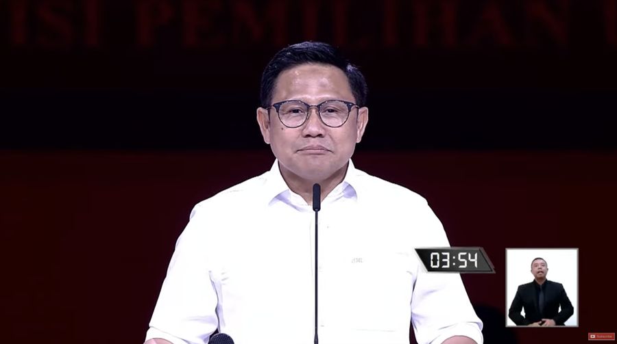 Calon wakil presiden nomor urut 1 Muhaimin Iskandar menyampaikan gagasannya saat debat calon wakil presiden Pemilu 2024 di JCC, Jakarta, Minggu, (21/1/2024).  (Tangkapan Layar Youtube KPU RI)