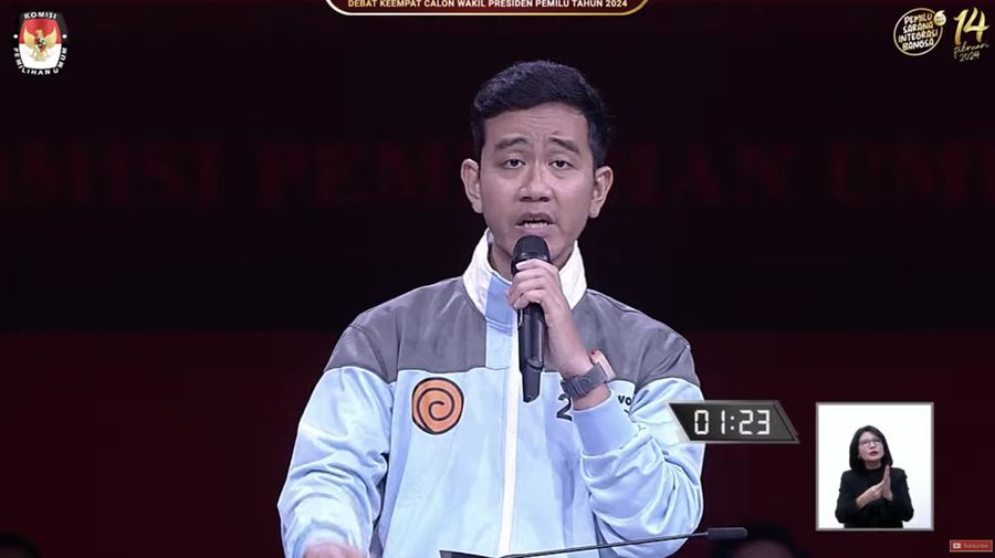 Cawapres nomor urut dua Gibran Rakabuming Raka menyampaikan gagasanya saat debat calon wakil presiden Pemilu 2024 di JCC, Jakarta, Minggu, (21/1/2024). (Tangkapan Layar Youtube KPU RI)