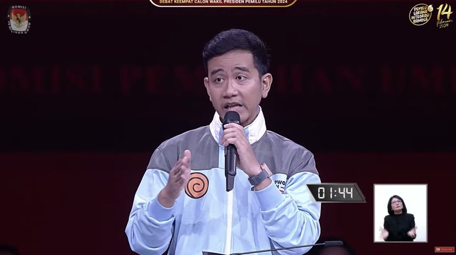 Cawapres nomor urut dua Gibran Rakabuming Raka menyampaikan gagasanya saat debat calon wakil presiden Pemilu 2024 di JCC, Jakarta, Minggu, (21/1/2024). (Tangkapan Layar Youtube KPU RI)
