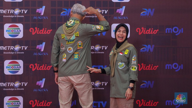 Ganjar Pranowo tiba di JCC Senayan, Jakarta, Minggu (21/1/2024). (CNBC Indonesia/Faisal Rahman)