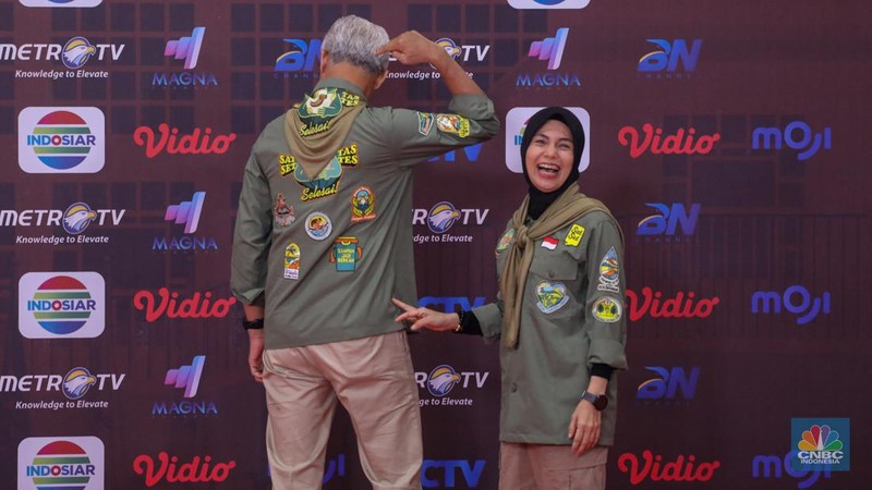 Ganjar Pranowo tiba di JCC Senayan, Jakarta, Minggu (21/1/2024). (CNBC Indonesia/Faisal Rahman)